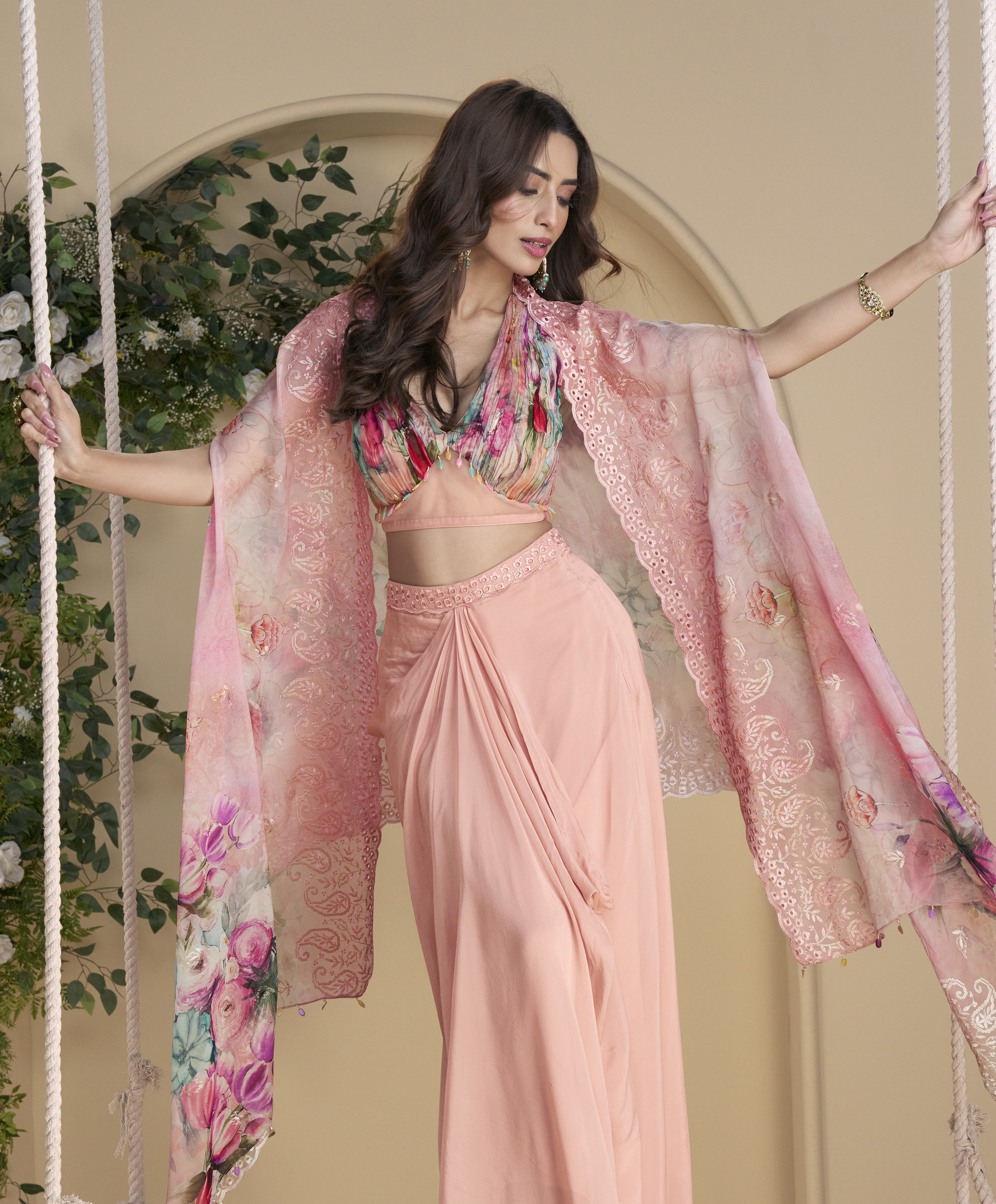 Amulya Salmon Fusion Wear Drape skirt Set