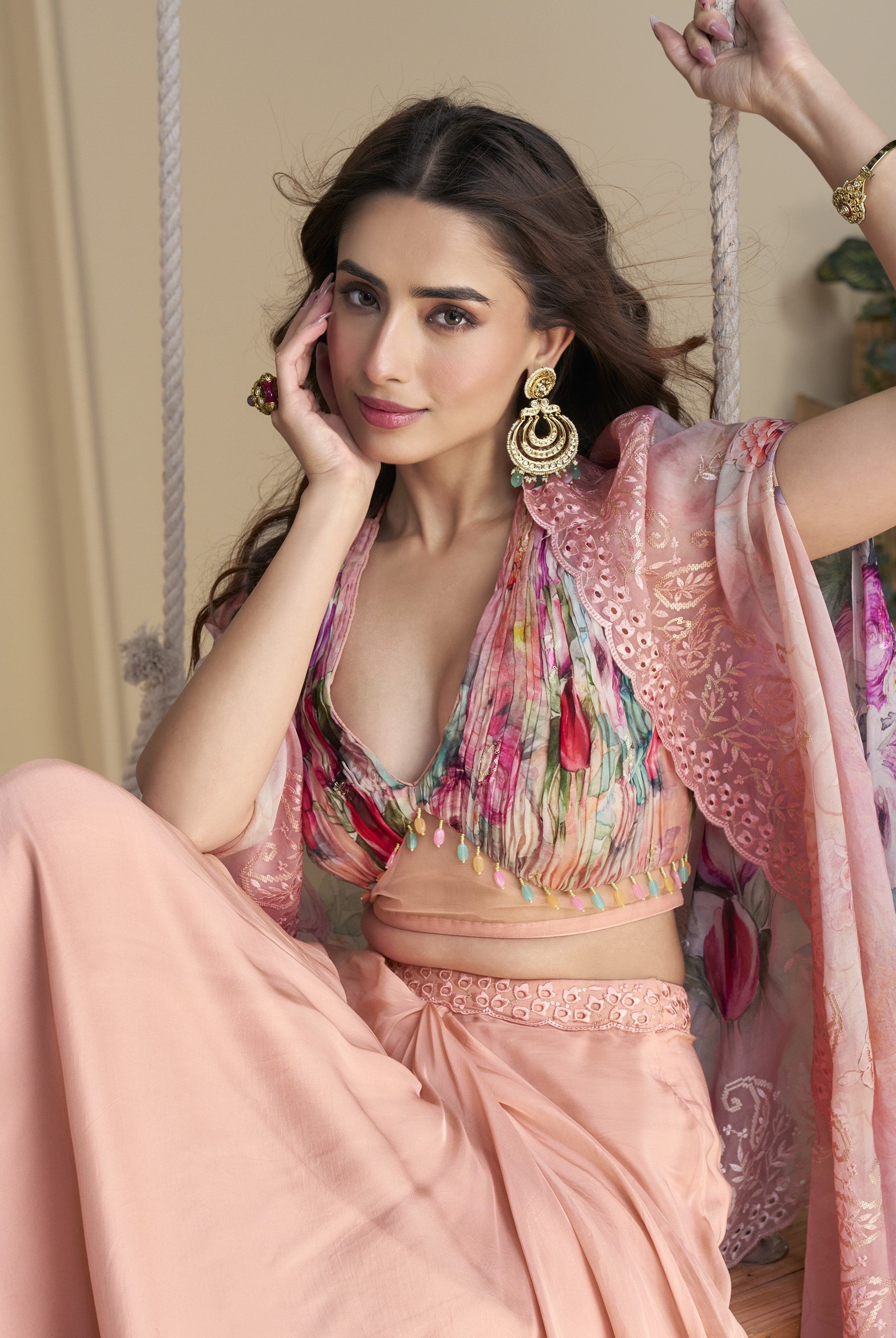 Amulya Salmon Fusion Wear Drape skirt Set