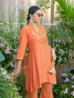 Meera Apricot Premium Fusion Set with Jacquard Pants