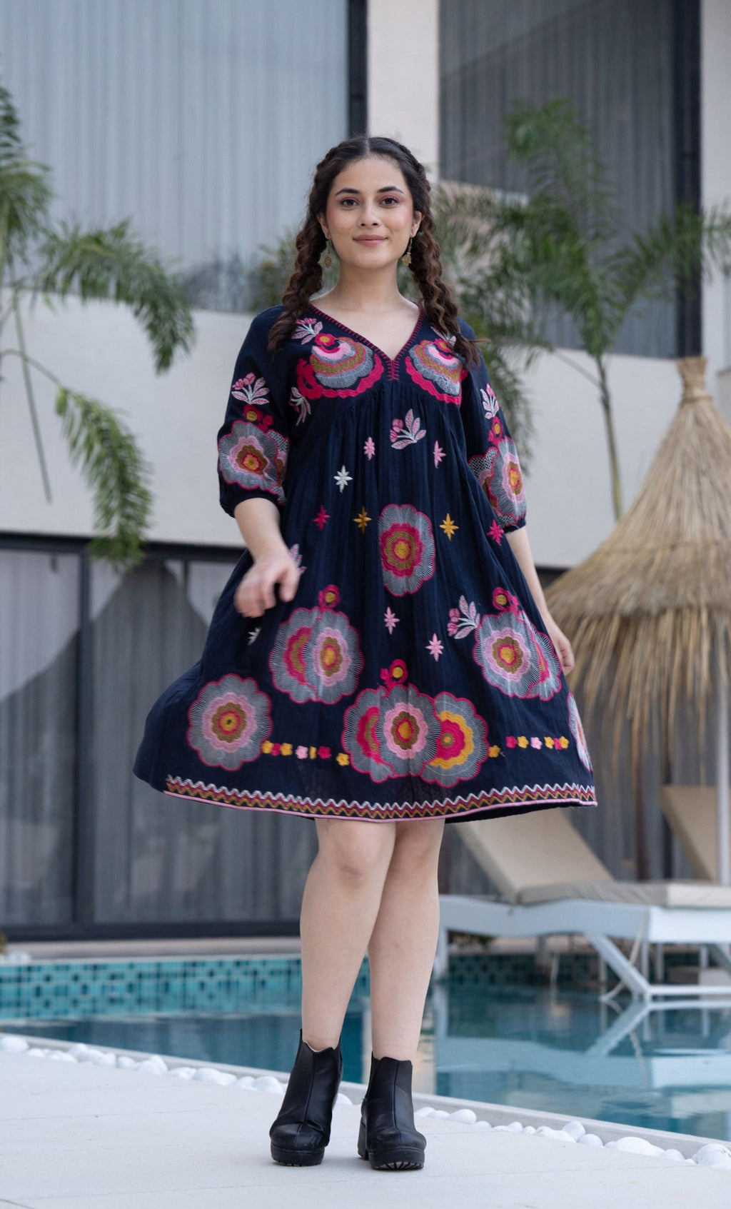 Hemal Azure Cotton Embroidery Dress