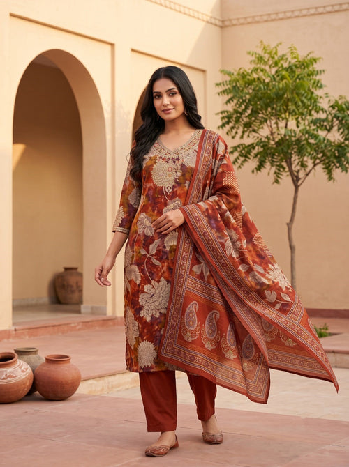 Hitakshi Rust Printed Work Suit Set