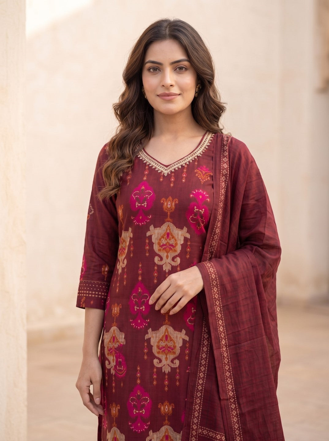 Myra Merlot Printed Work Suit Set